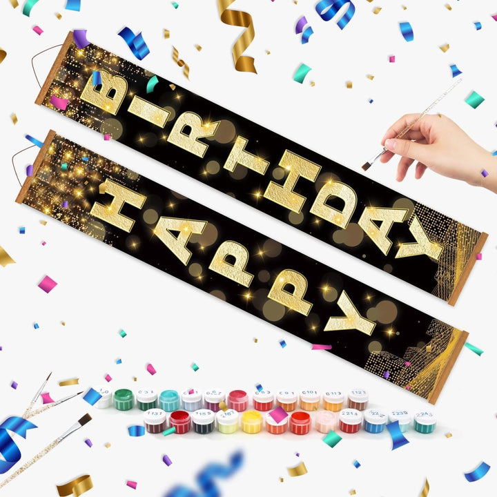 Paint By Numbers KitPorch Sign - Happy Birthday Gold Black Letters - isuvio