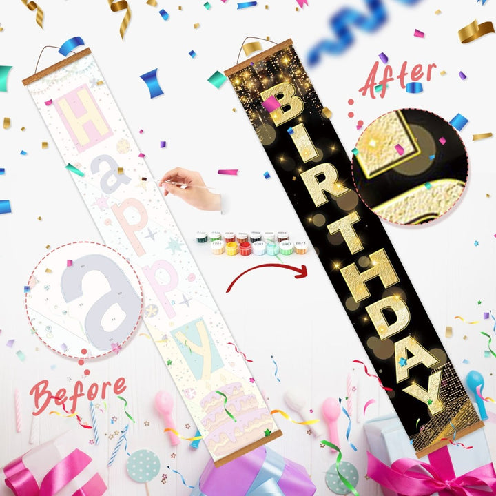 Paint By Numbers KitPorch Sign - Happy Birthday Gold Black Letters - isuvio