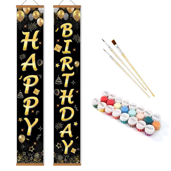 Paint By Numbers KitPorch Sign - Happy Birthday Gold Script Black - isuvio