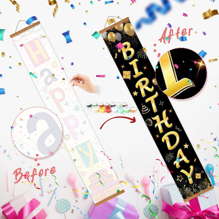 Paint By Numbers KitPorch Sign - Happy Birthday Gold Script Black - isuvio