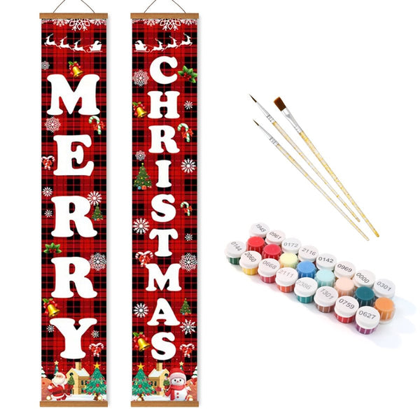 Paint By Numbers KitPorch Sign - Plaid Merry Christmas Letters with Icons - isuvio
