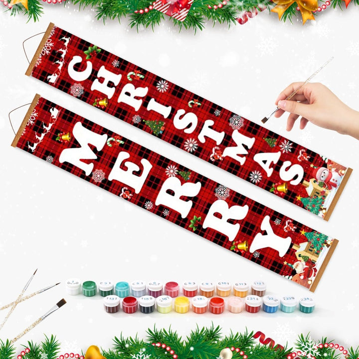 Paint By Numbers KitPorch Sign - Plaid Merry Christmas Letters with Icons - isuvio