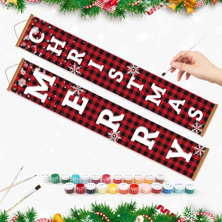 Paint By Numbers KitPorch Sign - Plaid Merry Christmas Letters with Snowflakes - isuvio