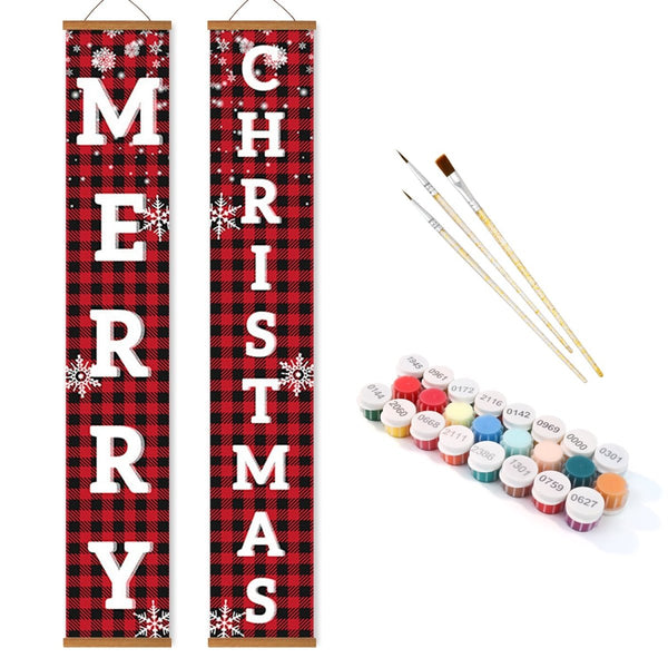 Paint By Numbers KitPorch Sign - Plaid Merry Christmas Letters with Snowflakes - isuvio