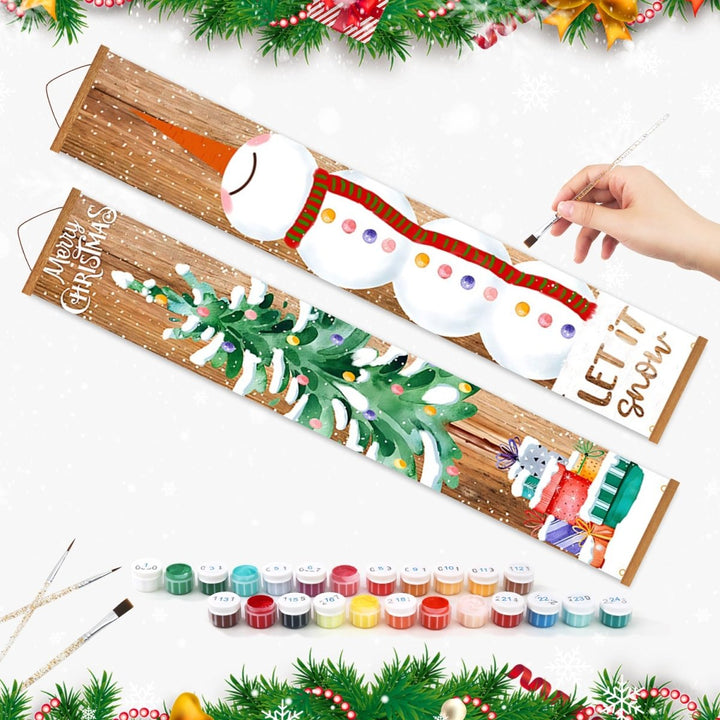 Paint By Numbers KitPorch Sign - Tree and Snowman Stacked Wood Background - isuvio