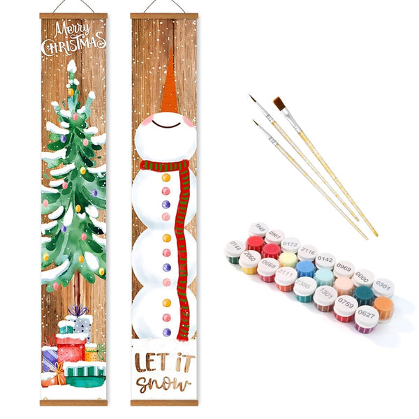 Paint By Numbers KitPorch Sign - Tree and Snowman Stacked Wood Background - isuvio