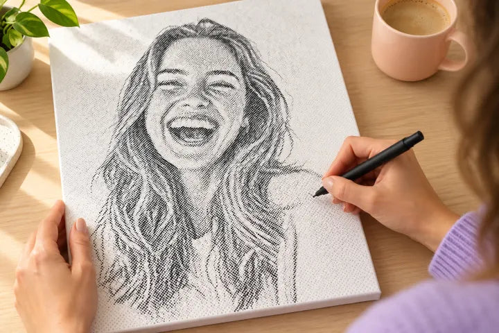 Filling a black-and-white portrait with a black dot marker at a home desk.