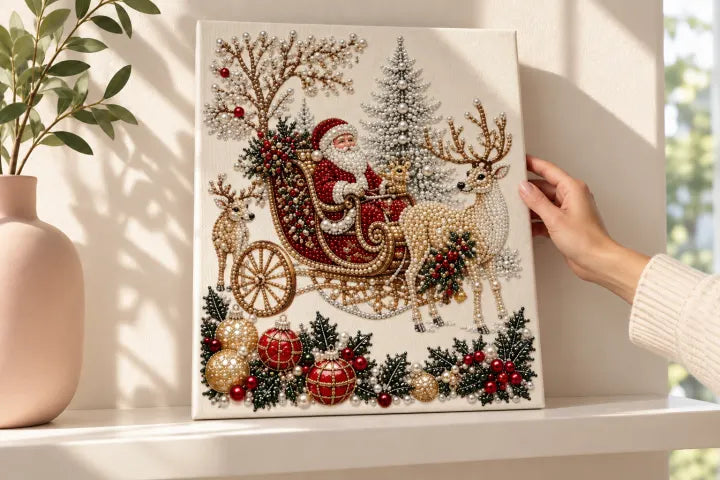 Santa, sleigh and reindeer pearl artwork styled on a light shelf.