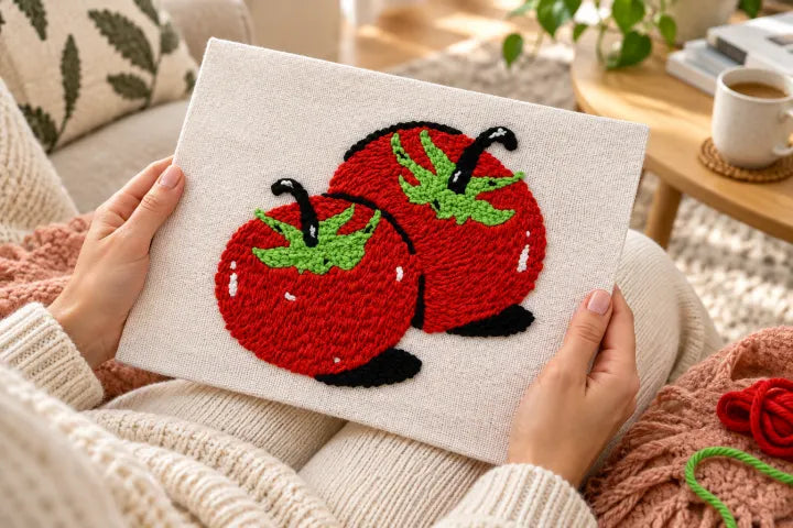 Hands holding textured red twin-tomato punch needle artwork on a cozy lap.