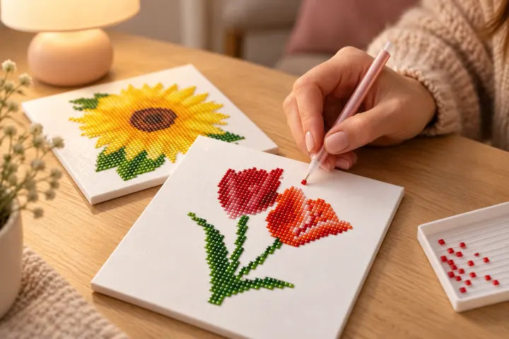 An evening craft table with tulip and sunflower diamond artwork.